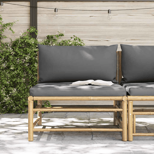 vidaXL Sofá de centro p jardim com almofadões cinzento-escuro bambu vidaXL Sofá de centro p jardim com almofadões cinzento-escuro bambu