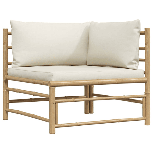 vidaXL Sofá de canto p jardim com almofadões branco nata bambu vidaXL Sofá de canto p jardim com almofadões branco nata bambu