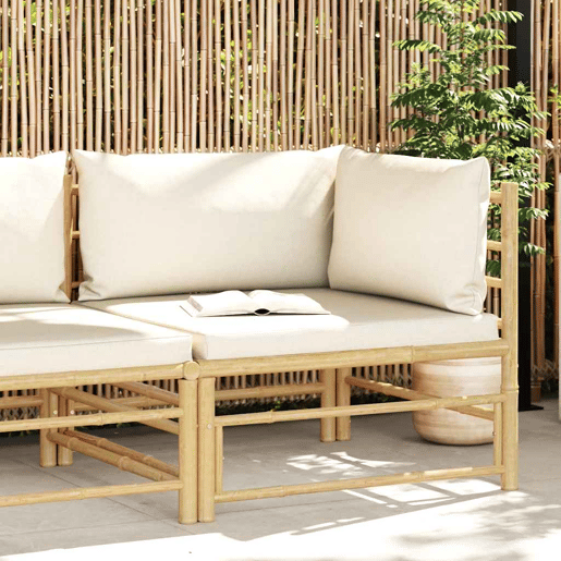 vidaXL Sofá de canto p jardim com almofadões branco nata bambu vidaXL Sofá de canto p jardim com almofadões branco nata bambu