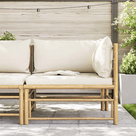 vidaXL Sofá de canto p jardim com almofadões branco nata bambu vidaXL Sofá de canto p jardim com almofadões branco nata bambu