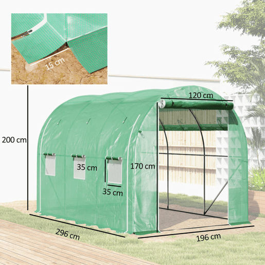 Outsunny Estufa Tipo Túnel 296x196x200 cm Estufa de Jardim com 3 Portas e 6 Janelas Enroláveis Estufa com Teto Curvo para Cultivo de Plantas Flores Verde
