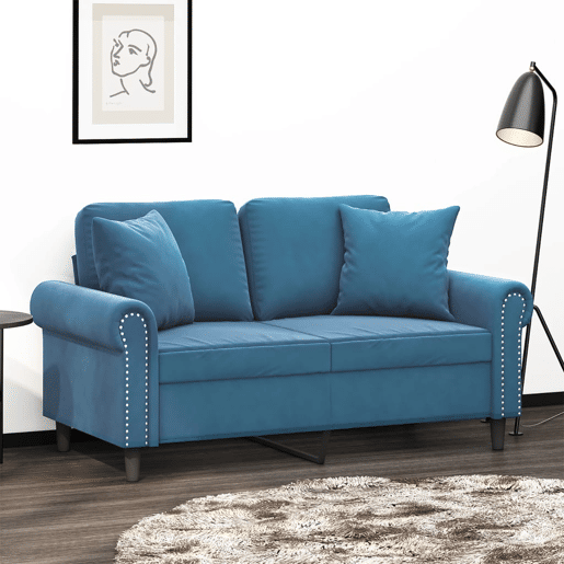 Sofá 2 lugares - Sofá fixo c almofadas decorativas 120 cm veludo azul Sofá 2 lugares - Sofá fixo c almofadas decorativas 120 cm veludo azul
