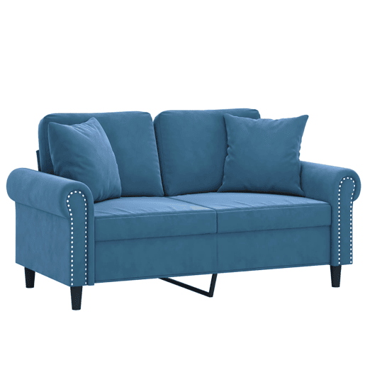 Sofá 2 lugares - Sofá fixo c almofadas decorativas 120 cm veludo azul Sofá 2 lugares - Sofá fixo c almofadas decorativas 120 cm veludo azul