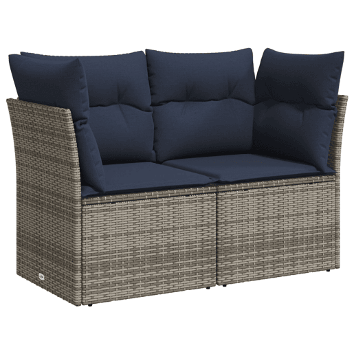 vidaXL Sofá de jardim de 2 lugares com almofadões vime PE cinzento vidaXL Sofá de jardim de 2 lugares com almofadões vime PE cinzento