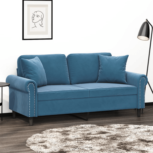 Sofá 2 lugares - Sofá fixo c almofadas decorativas 140 cm veludo azul