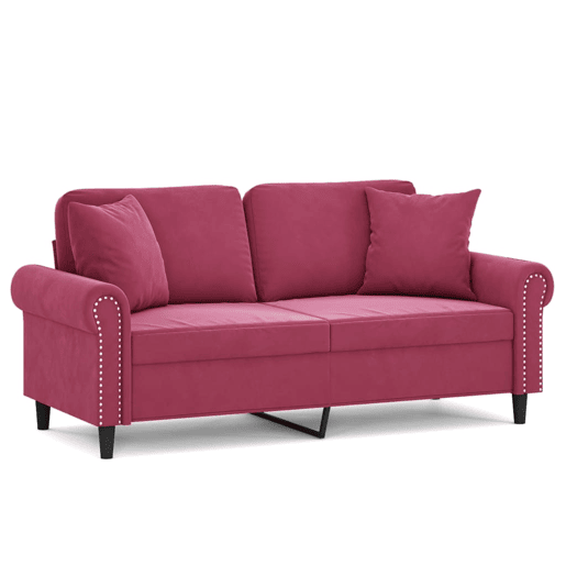 Sofá 2 lug. - Sofá fixo + almofadas decorativas 140cm veludo vermelho tinto