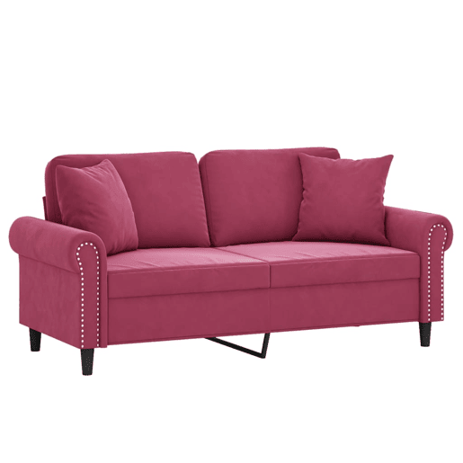 Sofá 2 lug. - Sofá fixo + almofadas decorativas 140cm veludo vermelho tinto