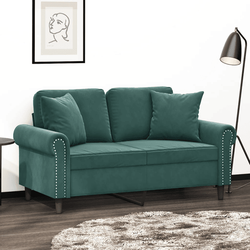 Sofá 2 lug. - Sofá fixo c almofadas decorativas 120 cm veludo verde-escuro