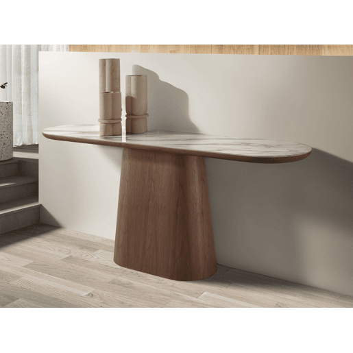 Mesa de consola oval meio redonda em mármore e nogueira