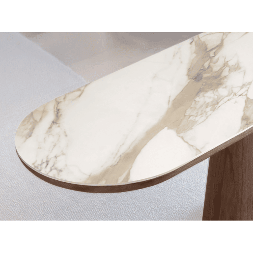 Mesa de consola oval meio redonda em mármore e nogueira