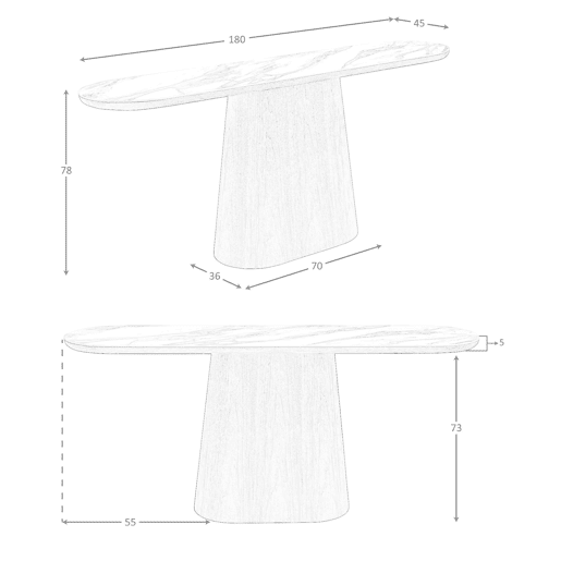 Mesa de consola oval meio redonda em mármore e nogueira
