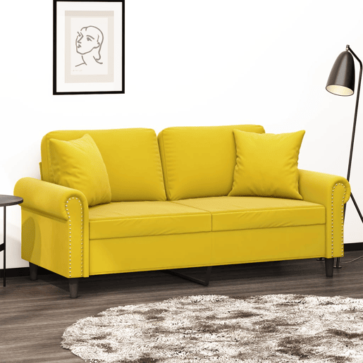 Sofá 2 lugares - Sofá fixo c almofadas decorativas 140 cm veludo amarelo