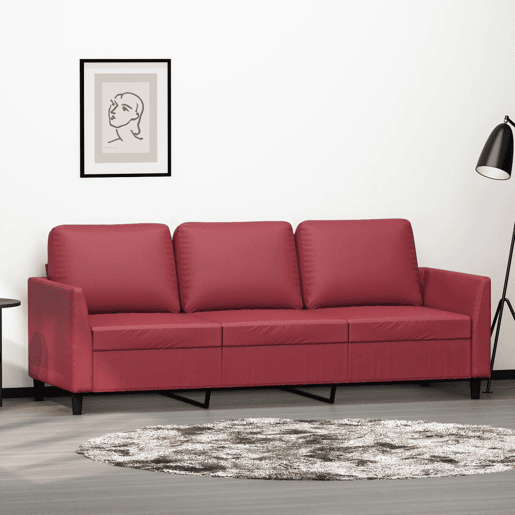 Sofá de 3 lugares - Sofá fixo 180 cm couro artificial vermelho tinto Sofá de 3 lugares - Sofá fixo 180 cm couro artificial vermelho tinto