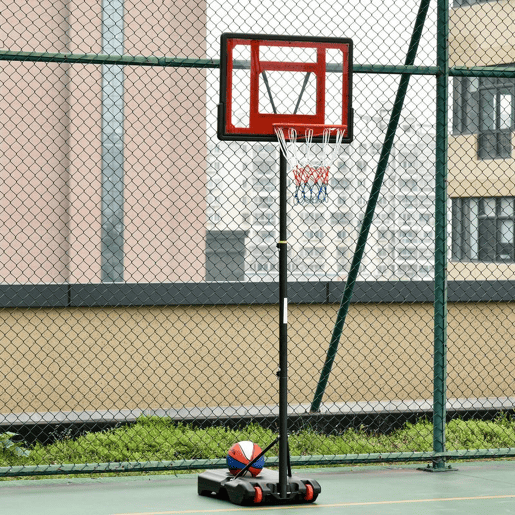 HOMCOM Tabela de Basquetebol Ajustável de 160-210cm Aro de Basquetebol com Suporte de Aço Base Recarregável 2 Rodas para Crianças e Adultos 75x83x261cm Vermelho e Preto