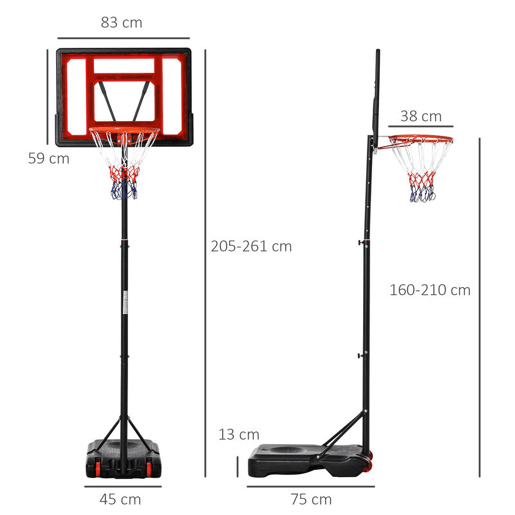 HOMCOM Tabela de Basquetebol Ajustável de 160-210cm Aro de Basquetebol com Suporte de Aço Base Recarregável 2 Rodas para Crianças e Adultos 75x83x261cm Vermelho e Preto