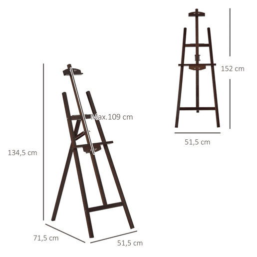 HOMCOM Cavalete Pintura de Madeira Cavalete de Desenho Estúdio Inclinável 90° com Suporte Tripé e Pincel 51,5x71,5x134,5cm Marrom