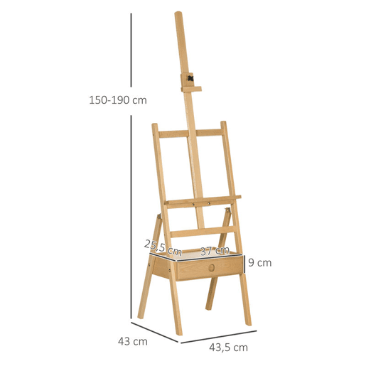 Vinsetto Cavalete de Pintura para Telas de até 92 cm Cavalete de Madeira com Gaveta e Altura Ajustável Cavalete de Pintura com Estrutura em H 43,5x43x150-190 cm Madeira