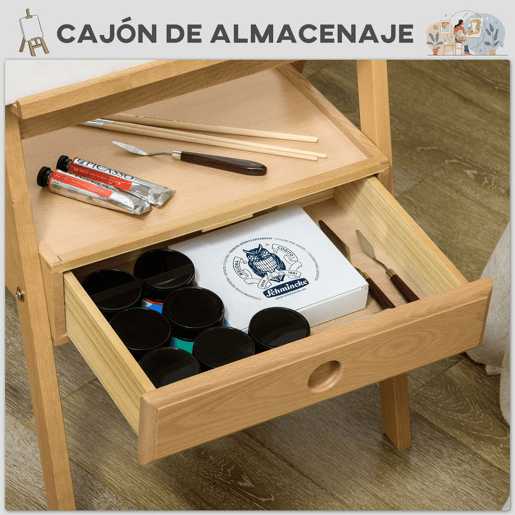 Vinsetto Cavalete de Pintura para Telas de até 92 cm Cavalete de Madeira com Gaveta e Altura Ajustável Cavalete de Pintura com Estrutura em H 43,5x43x150-190 cm Madeira