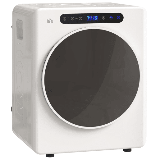 HOMCOM Máquina de Secar por Evacuação 3 KG Secadora de Roupa 1000W Função Antirrugas Função Esterilizar Temporizador Ecrã LED Tátil Tambor Aço Inoxidável 49x43x61 cm Branco
