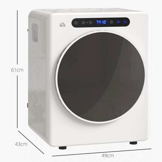HOMCOM Máquina de Secar por Evacuação 3 KG Secadora de Roupa 1000W Função Antirrugas Função Esterilizar Temporizador Ecrã LED Tátil Tambor Aço Inoxidável 49x43x61 cm Branco