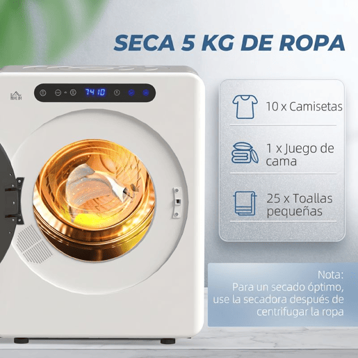 HOMCOM Máquina de Secar por Evacuação 3 KG Secadora de Roupa 1000W Função Antirrugas Função Esterilizar Temporizador Ecrã LED Tátil Tambor Aço Inoxidável 49x43x61 cm Branco