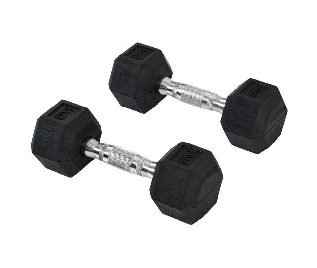 Homcom juego de mancuernas hexagonales, 2 x 5 kg, de hierro fundido, recubiertas de goma, juego de pesas con barras de conexión para entrenamiento en casa, gimnasio y oficina, negro y plata