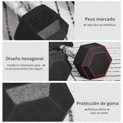 HOMCOM Conjunto de Halteres Hexagonais 2 x 5 kg Conjunto de Pesos com Barras de Conexão Kit de Treino de Fitness para Ginásio em Casa