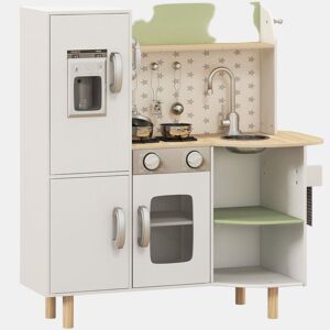 AIYAPLAY Cozinha de Madeira para Crianças de 3-6 Anos Cozinha Infantil com Máquina de Gelo Lavatório de Aço Inoxidável e Utensílios 84x34x89 cm Branco