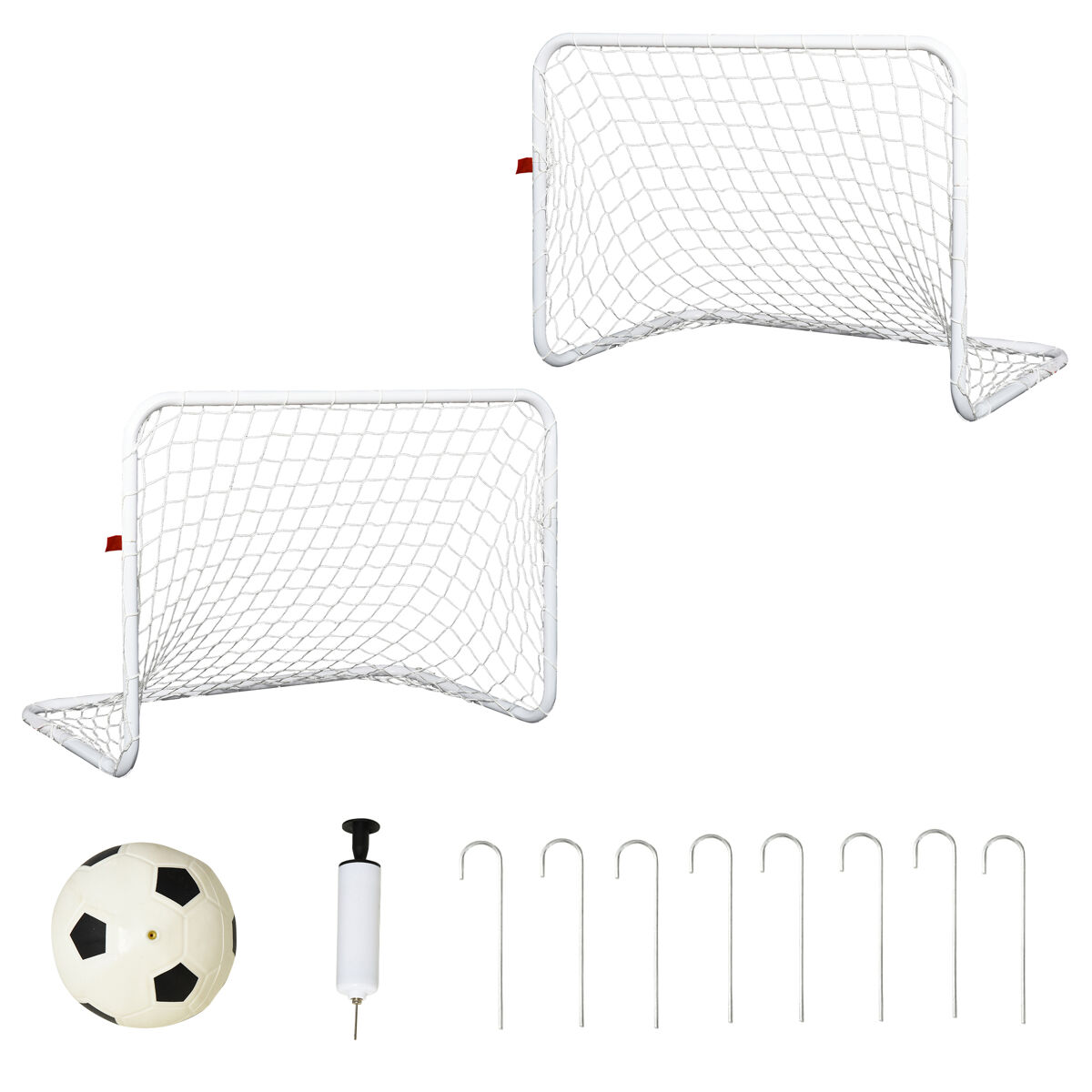Homcom set de 2 porterías de fútbol con red y balón para niños y adultos, juguete deportivo para exterior jardín con inflador, de acero y poliéster, 78x46x56 cm, blanco
