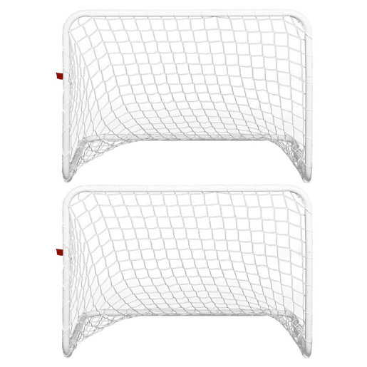 HOMCOM Conjunto de 2 Balizas de Futebol com Rede e Bola para Crianças e Adultos, Brinquedo Desportivo de Exterior para Jardim com Bomba de Enchimento, Aço e Poliéster, 78x46x56 cm, Branco