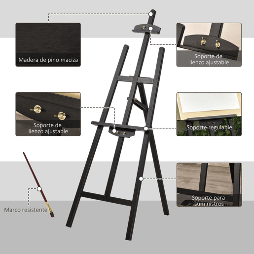 HOMCOM Cavalete Pintura de Madeira Cavalete de Desenho Estúdio Inclinável 90° com Suporte Tripé e Pincel 51,5x71,5x134,5cm Preto