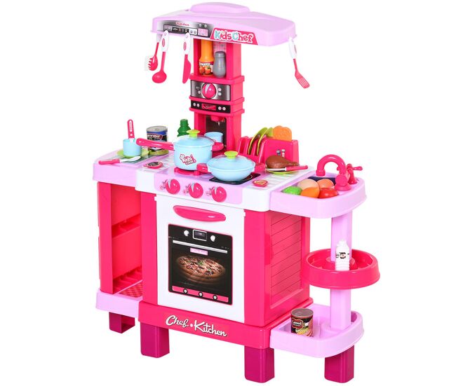 Homcom cocina de juguete para niños mayores de 3 años con 38 accesorios luz sonido juegos de rol temprano educativo 78x29x87 cm rosa
