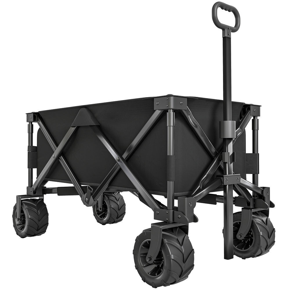 Outsunny carro playa ruedas grandes con freno, carrito de jardín plegable con altura del manillar ajustable, ruedas giratorias 360°, para terraza, patio, campaña, compra al aire libre, negro