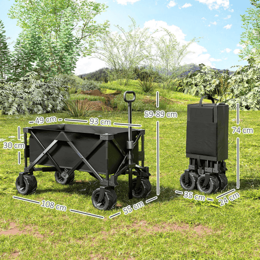 Outsunny Carrinho de Transporte Dobrável com Rodas Giratórias 360° e Guiador Ajustável 59-89 cm para Campismo Praia 108x55x61-91 cm Preto
