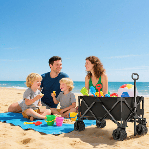 Outsunny Carrinho de Transporte Dobrável com Rodas Giratórias 360° e Guiador Ajustável 59-89 cm para Campismo Praia 108x55x61-91 cm Preto