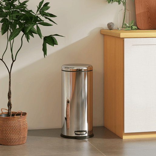 HOMCOM Balde de Lixo 30L Balde de Lixo com Abertura no Pedal Fechamento Suave e Cubo Amovível Aço Inoxidável Ø29,2x62,9 cm Prata