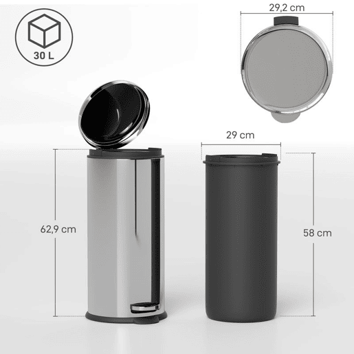 HOMCOM Balde de Lixo 30L Balde de Lixo com Abertura no Pedal Fechamento Suave e Cubo Amovível Aço Inoxidável Ø29,2x62,9 cm Prata