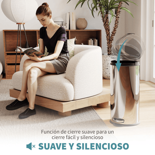 HOMCOM Balde de Lixo 30L Balde de Lixo com Abertura no Pedal Fechamento Suave e Cubo Amovível Aço Inoxidável Ø29,2x62,9 cm Prata