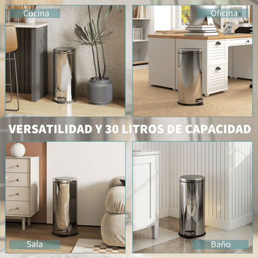 HOMCOM Balde de Lixo 30L Balde de Lixo com Abertura no Pedal Fechamento Suave e Cubo Amovível Aço Inoxidável Ø29,2x62,9 cm Prata