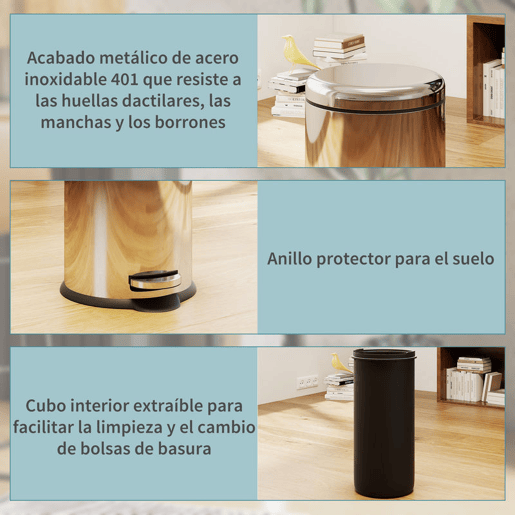 HOMCOM Balde de Lixo 30L Balde de Lixo com Abertura no Pedal Fechamento Suave e Cubo Amovível Aço Inoxidável Ø29,2x62,9 cm Prata