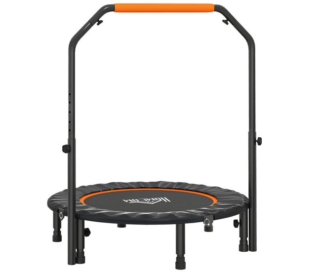 Homcom trampolín de fitness adultos ø102 cm, cama elástica plegable con mango ajustable de 4 niveles, marco de acero, para entrenamiento piernas, cuerpo en hogar, oficina, gimnasio, negro y naranja