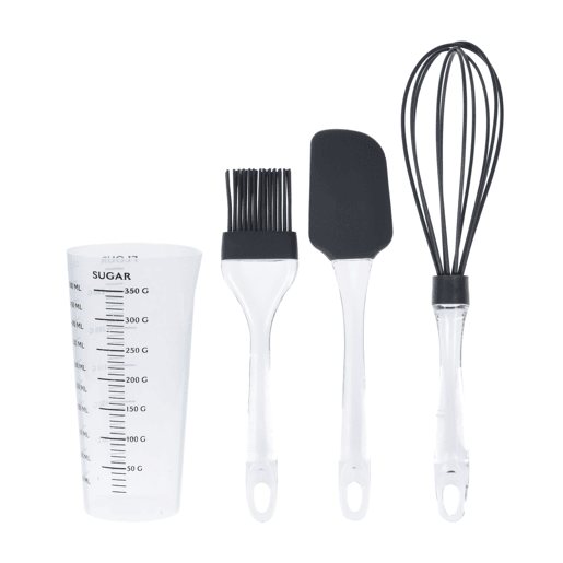 Conjunto para assar: copo medidor, espátula, batedor e pincel