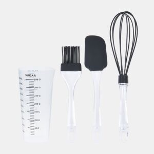 Conjunto para assar: copo medidor, espátula, batedor e pincel