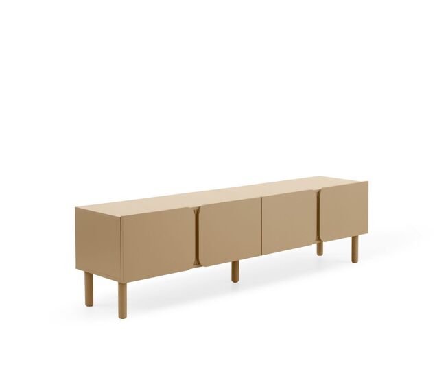 Mueble tv beige con cantos redondos en las esquinas de puertas