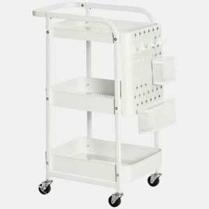 HOMCOM Carrinho de Cozinha em Aço com Rodas, Carrinho de Armazenamento de 3 Níveis, 4 Ganchos, 2 Cestos Suspensos e Pegador para Casa de Banho, Sala ou Quarto, 51,5x32x75,6 cm Branco