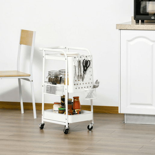 HOMCOM Carrinho de Cozinha em Aço com Rodas, Carrinho de Armazenamento de 3 Níveis, 4 Ganchos, 2 Cestos Suspensos e Pegador para Casa de Banho, Sala ou Quarto, 51,5x32x75,6 cm Branco