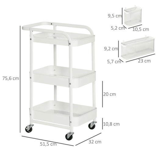 HOMCOM Carrinho de Cozinha em Aço com Rodas, Carrinho de Armazenamento de 3 Níveis, 4 Ganchos, 2 Cestos Suspensos e Pegador para Casa de Banho, Sala ou Quarto, 51,5x32x75,6 cm Branco