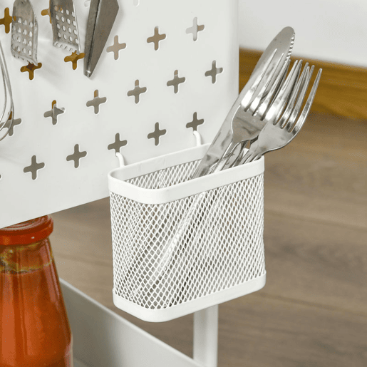 HOMCOM Carrinho de Cozinha em Aço com Rodas, Carrinho de Armazenamento de 3 Níveis, 4 Ganchos, 2 Cestos Suspensos e Pegador para Casa de Banho, Sala ou Quarto, 51,5x32x75,6 cm Branco