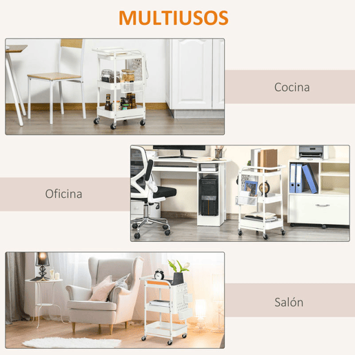 HOMCOM Carrinho de Cozinha em Aço com Rodas, Carrinho de Armazenamento de 3 Níveis, 4 Ganchos, 2 Cestos Suspensos e Pegador para Casa de Banho, Sala ou Quarto, 51,5x32x75,6 cm Branco