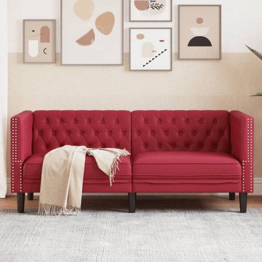 Sofá chesterfield 2 lugares - Sofá fixo couro artificial vermelho tinto